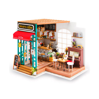 Rolife Simon’s Coffee DG109 – farverig DIY minicafé med turkis facade, rød markise, klaver og LED‑lys.