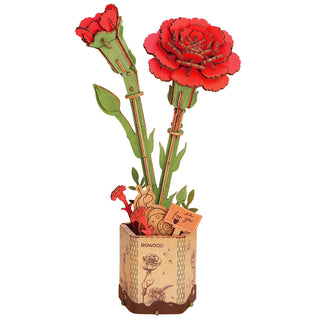 Rowood Red Carnation TW052 – saml‑selv 3D træ‑nelliker i illustreret vase, røde blomster og grønne stilke.