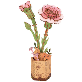 Rowood Pink Carnation TW051 – saml‑selv 3D træ‑nelliker i illustreret vase, lyserøde blomster og grønne stilke.